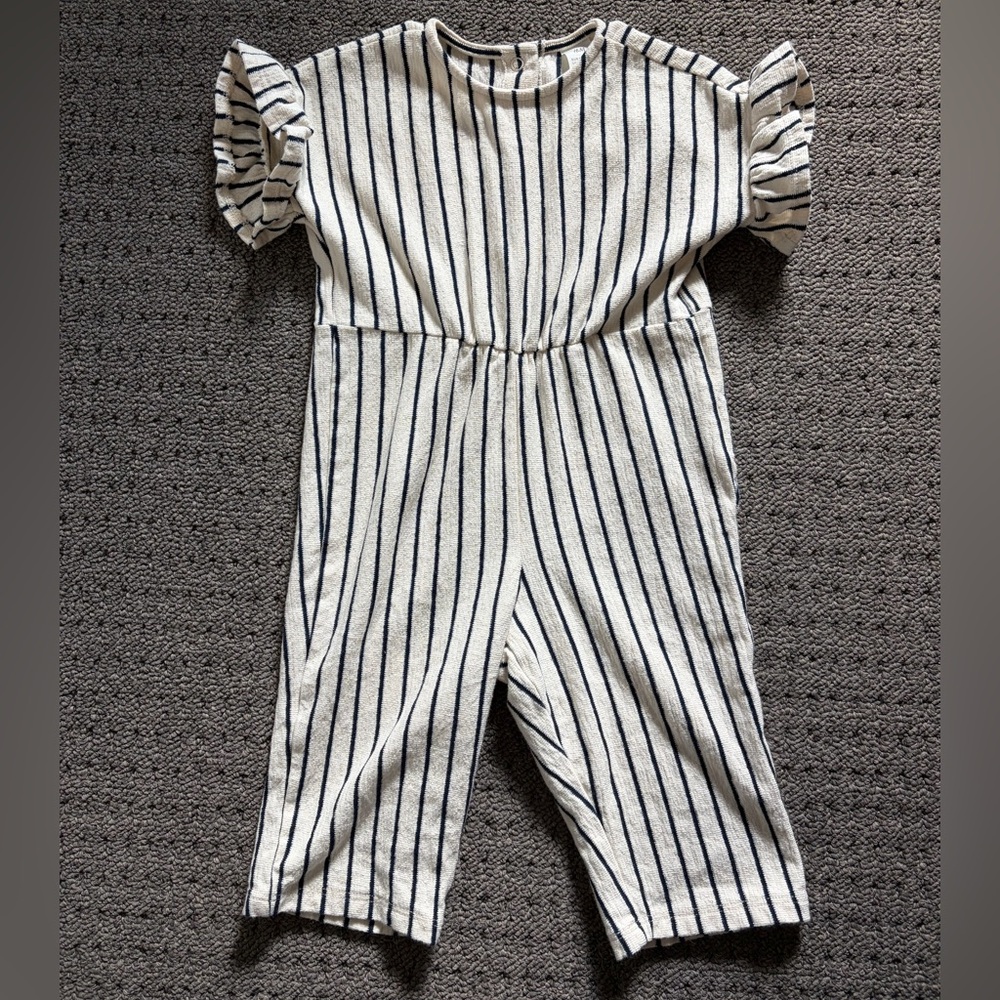 H&M Kids Cream and Navy Striped Romper with Ruffled Sleeves